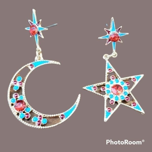 STAR & MOON Assemetrical rhinestone earrings lunar celestial - Picture 1 of 6